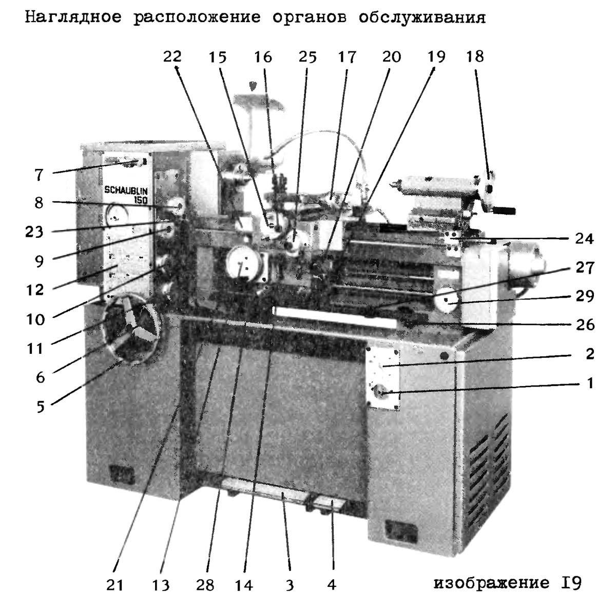 Розташування органів керування токарним верстатом Schaublin 150